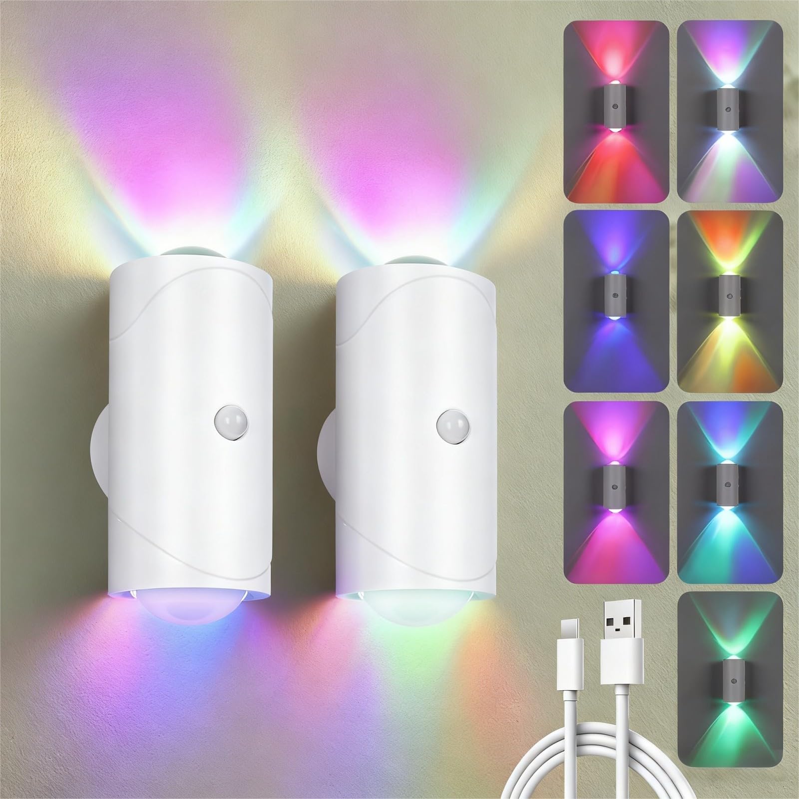 Viviheyday LED-Wandleuchte mit Bewegungsmelder & RGB – Intelligente Akku-Lampe 2er Set