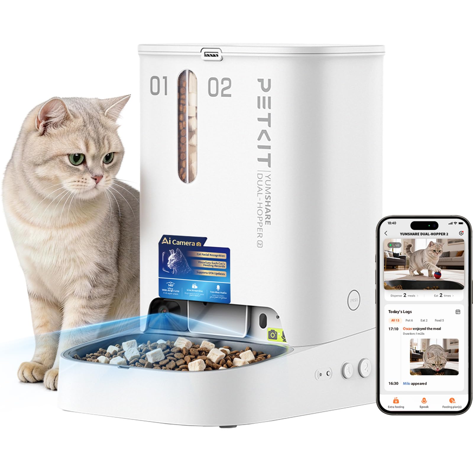 PETKIT YumShare Dual-Hopper Futterautomat mit KI-Gesichtserkennung – Smart Pet Feeder für Katzen & Hunde