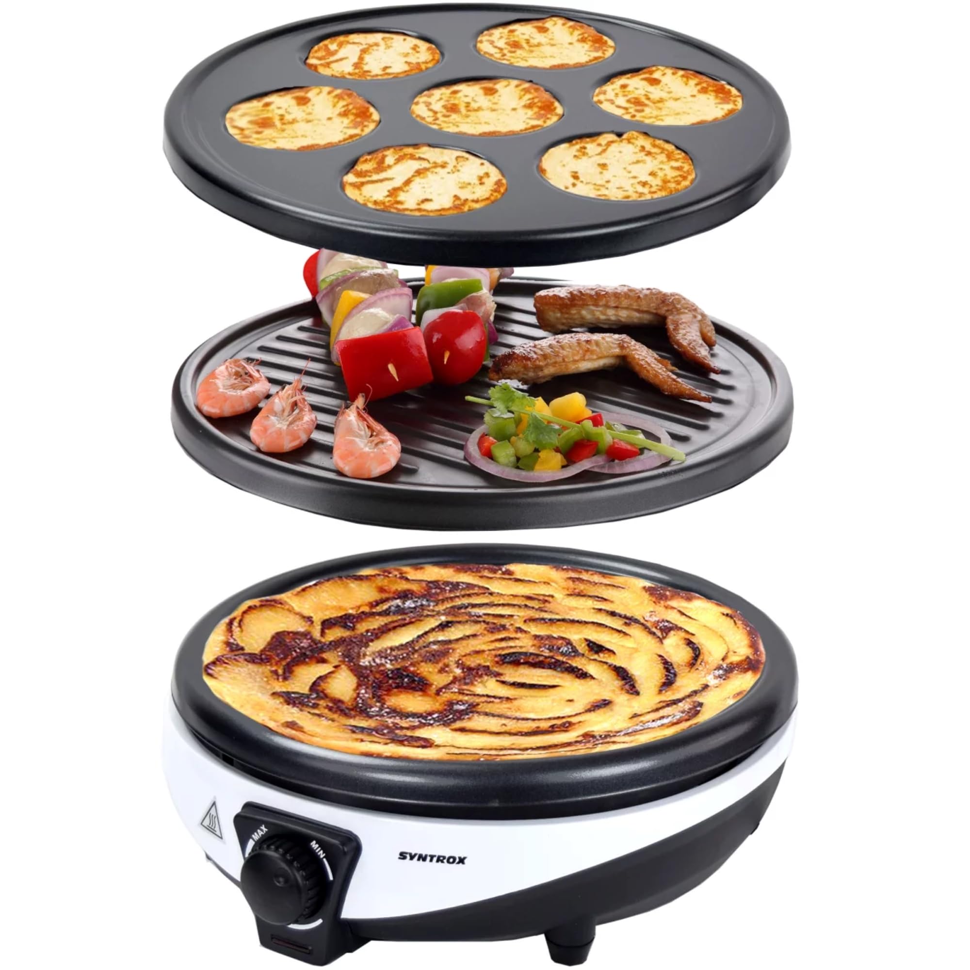 Syntrox Germany 3in1 Crepes Maker 30 cm – Elektrogrill mit Pancake & Grillplatte 1000 Watt