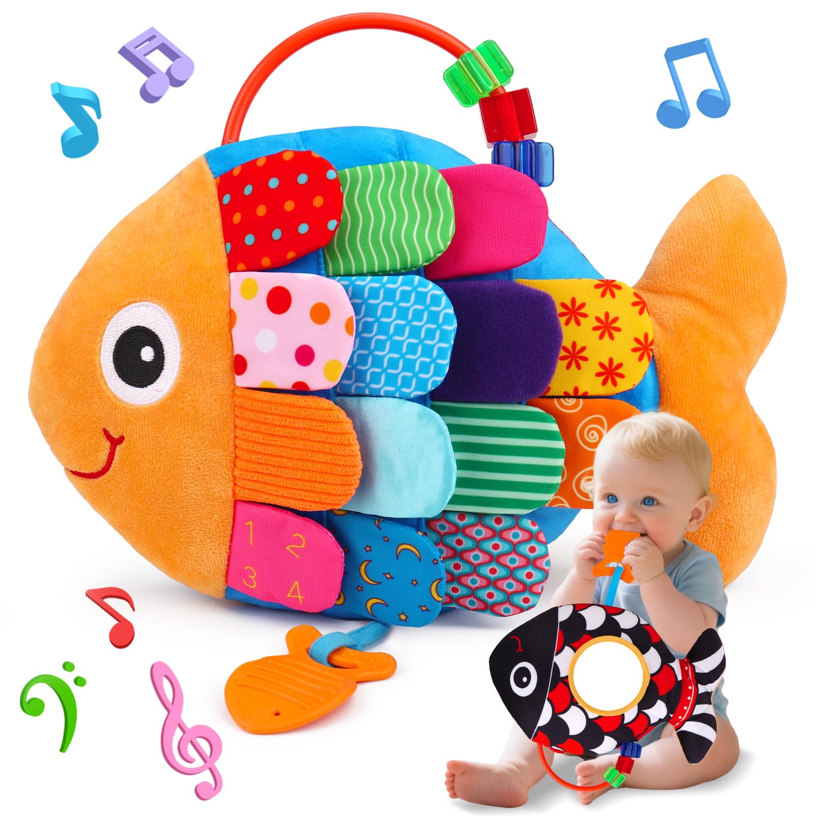 Lypsochaat Fisch-Kuscheltier mit Spiegel – 7-in-1 Sensorik Spielzeug für Babys 0–12 Monate