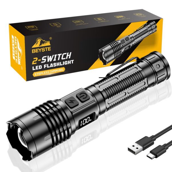 BEYSTE LED Taschenlampe 1000000 Lumen – Aufladbar USB-C, Zoombar, Wasserdicht für Outdoor