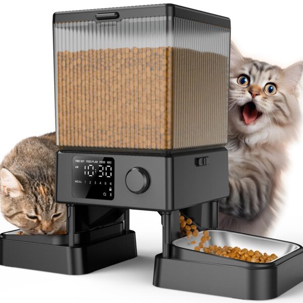 oneisall 5L Futterautomat mit 2 Edelstahlnäpfen – Automatische Katzenfütterung mit Timer & Sprachaufnahme