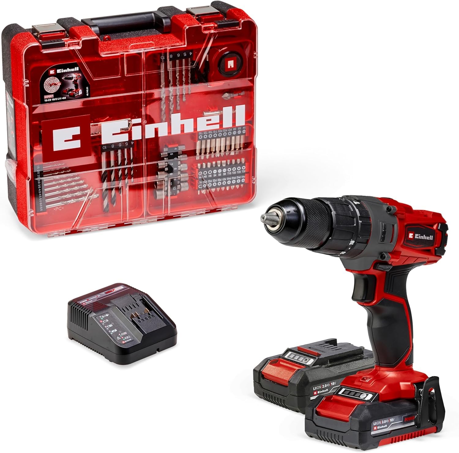 Einhell TE-CD 18/2 Li-i Akku-Schlagbohrschrauber – 44 Nm mit 2 Akkus & 64er Zubehör-Set