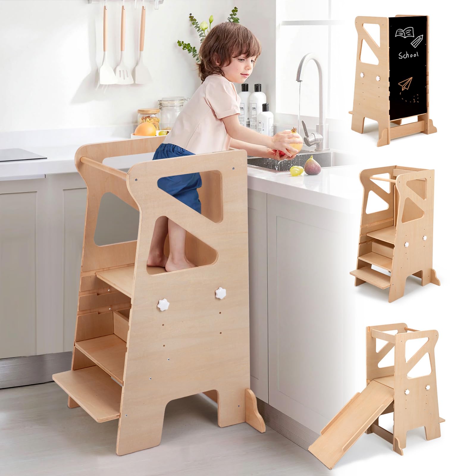 Labebe Lernturm 4-in-1 mit Rutsche & Kreidetafel – Montessori Lernturm für Kinder 18–72 Monate