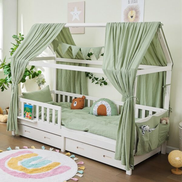 ALAVYA HOME® Hausbett Himmel Deko Set 3-tlg – Bio-Musselin Baumwolle, 125x350cm