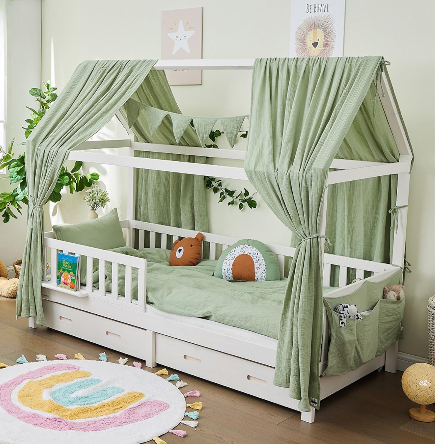 ALAVYA HOME® Hausbett Himmel Deko Set 3-tlg – Bio-Musselin Baumwolle, 125x350cm