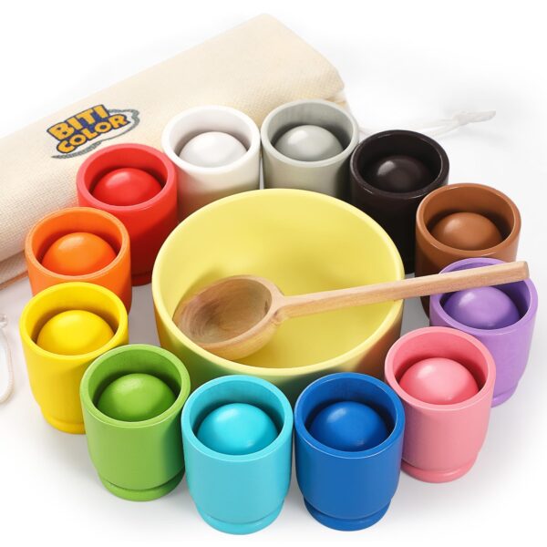 Biticolor Montessori Holz Sortier Set – 12 Regenbogen Kugeln mit Tassen & Löffel für Kleinkinder
