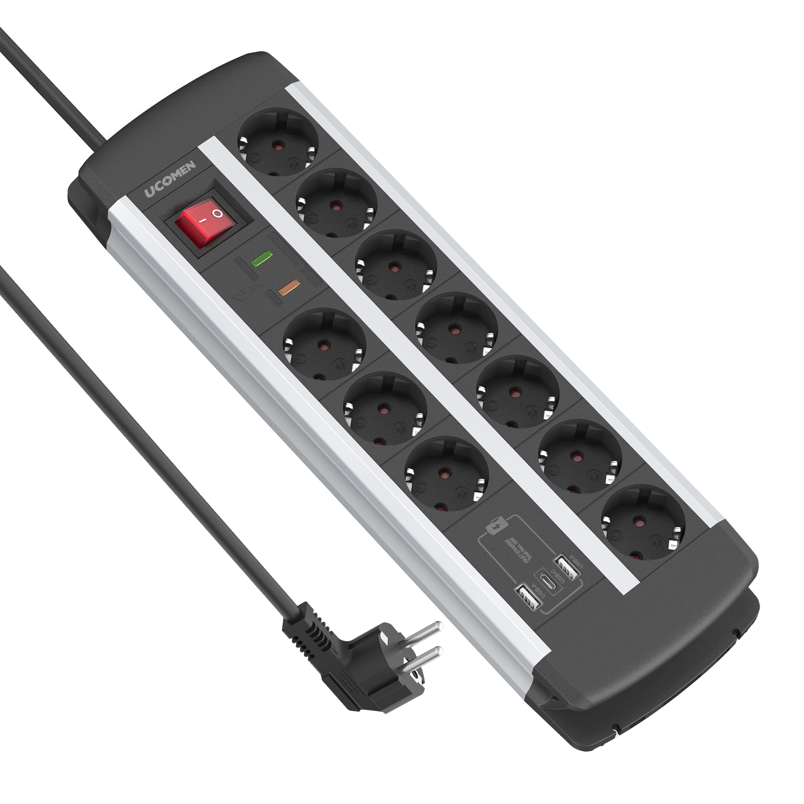 UCOMEN 10-fach Steckdosenleiste mit USB-C PD 20W – TÜV/GS zertifiziert für Büro & Home Office