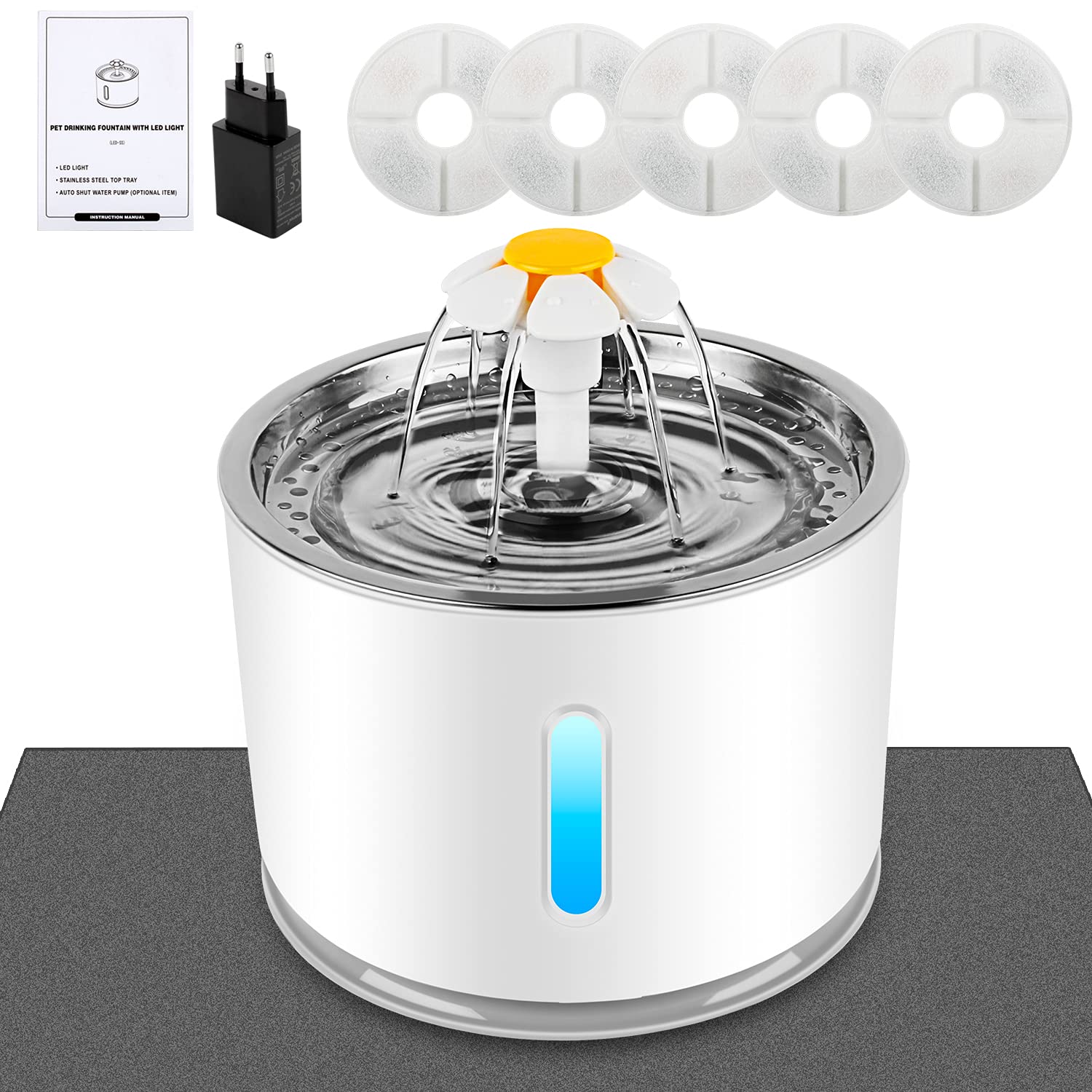Wilktop Katzen Trinkbrunnen 2,4L mit Aktivkohlefilter & LED – Automatischer Wasserspender für Hunde & Katzen