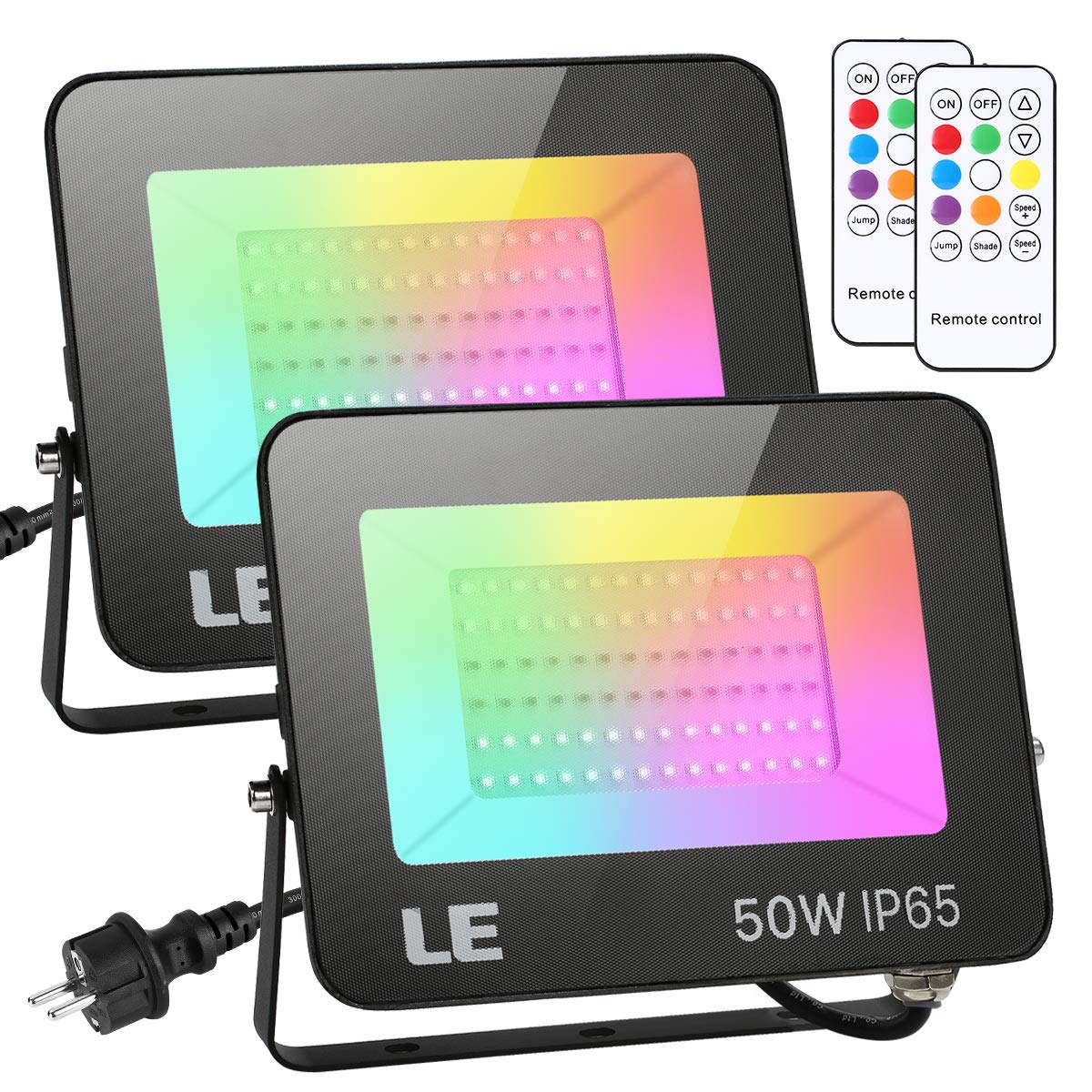 Lepro 50W LED Strahler RGB mit Fernbedienung, 2er Set – IP65 Aussenstrahler mit Memory-Funktion