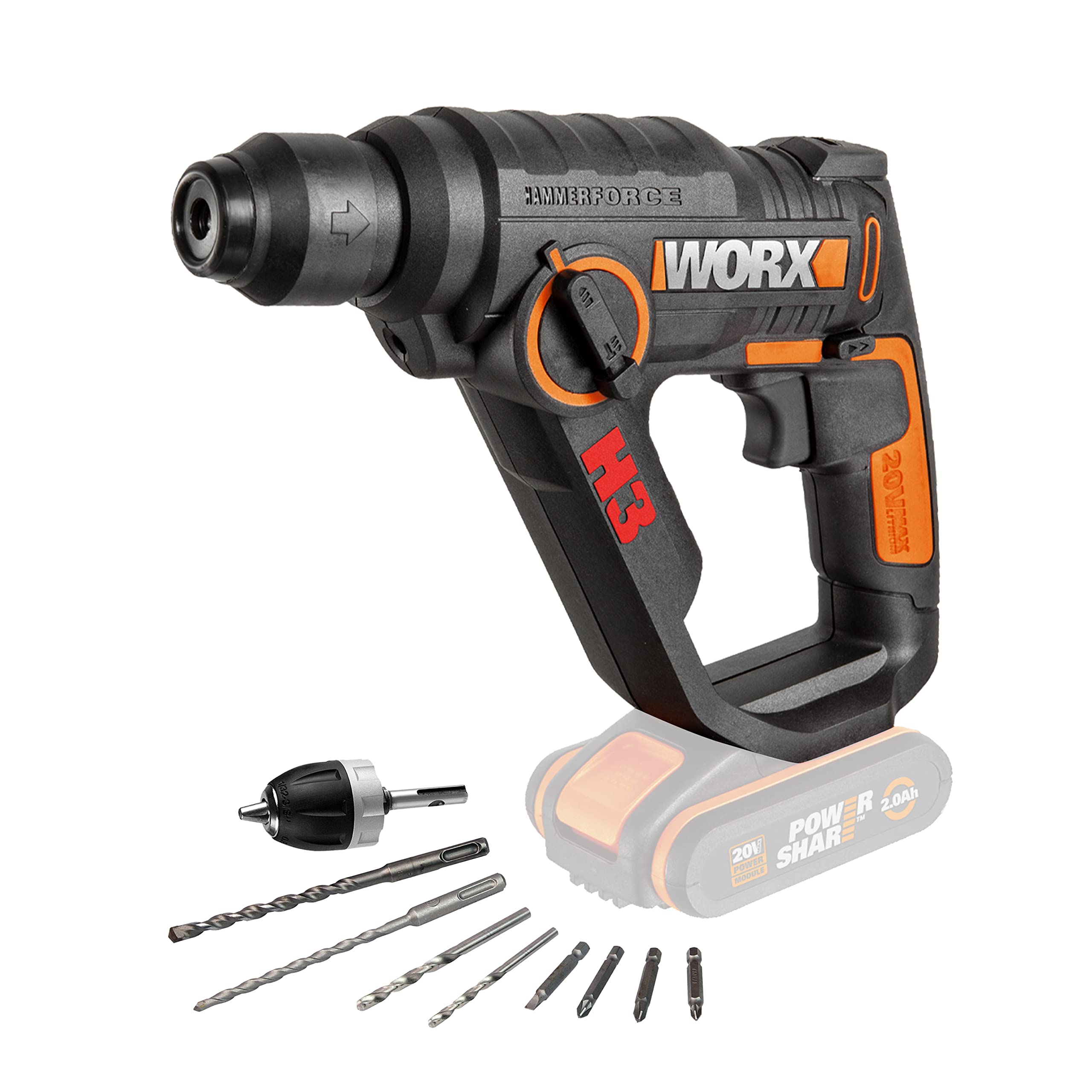 WORX WX390.9 Akku-Bohrhammer SDS-plus 20V – 3-in-1 Multitalent für Holz, Beton & Stahl