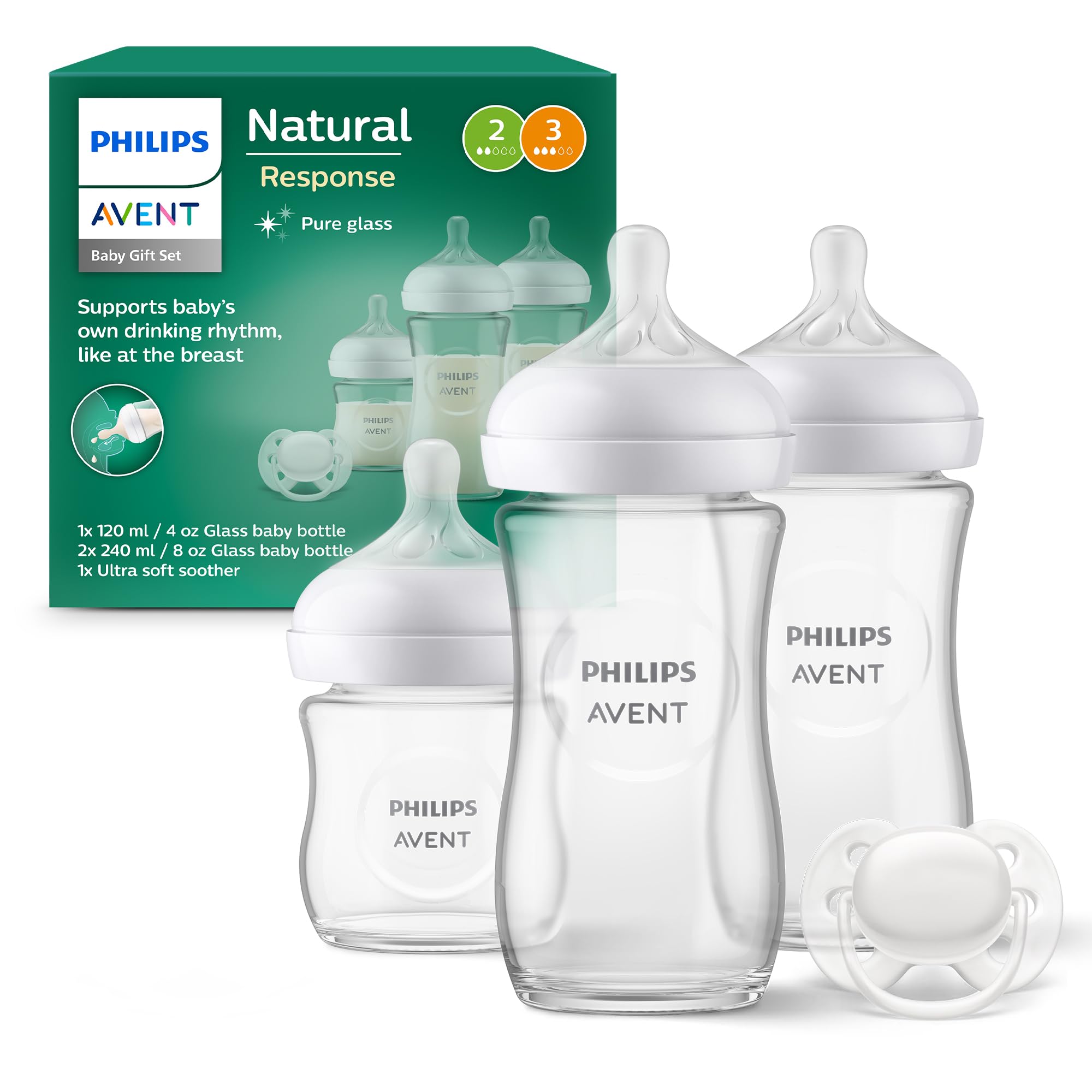 Philips AVENT Geschenkset Babyflaschen Glas – Natural Response für 0–6 Monate