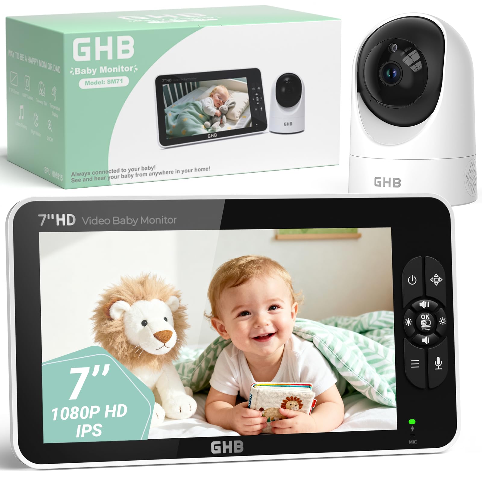 GHB Babyphone 7 Zoll 1080P IPS mit Infrarot-Nachtsicht – Sicherer Babymonitor für Eltern
