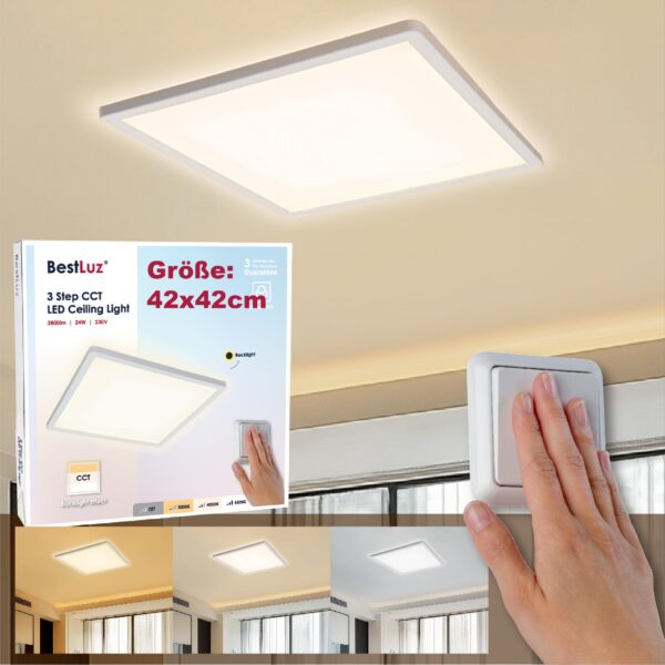 BestLuz 42x42 cm LED Deckenleuchte CCT – 2800 lm, 24W, IP44, Backlight-Effekt