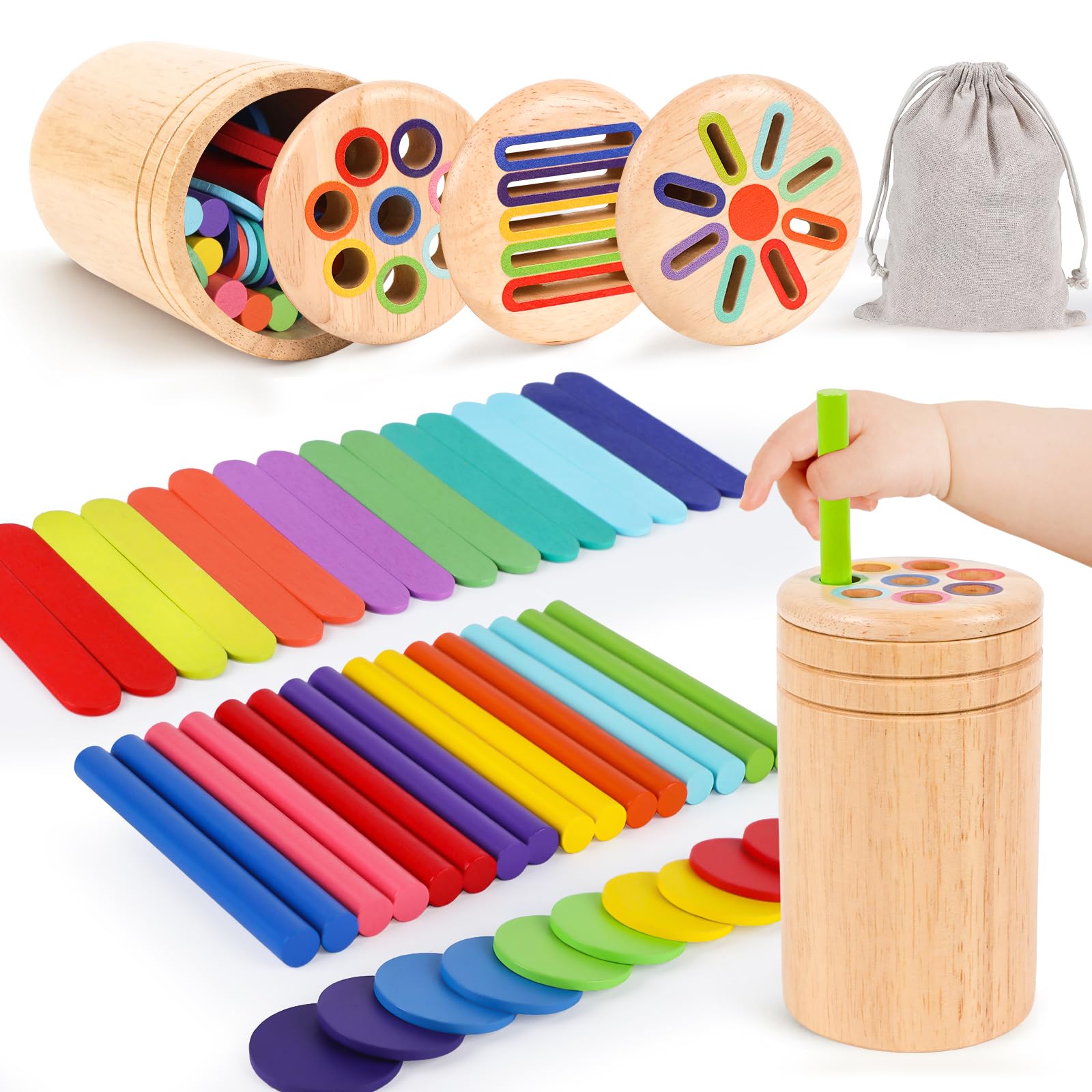 LHBuno Montessori Holzspielzeug ab 1 Jahr – 3-in-1 Farbsortierspiel für frühe Entwicklung