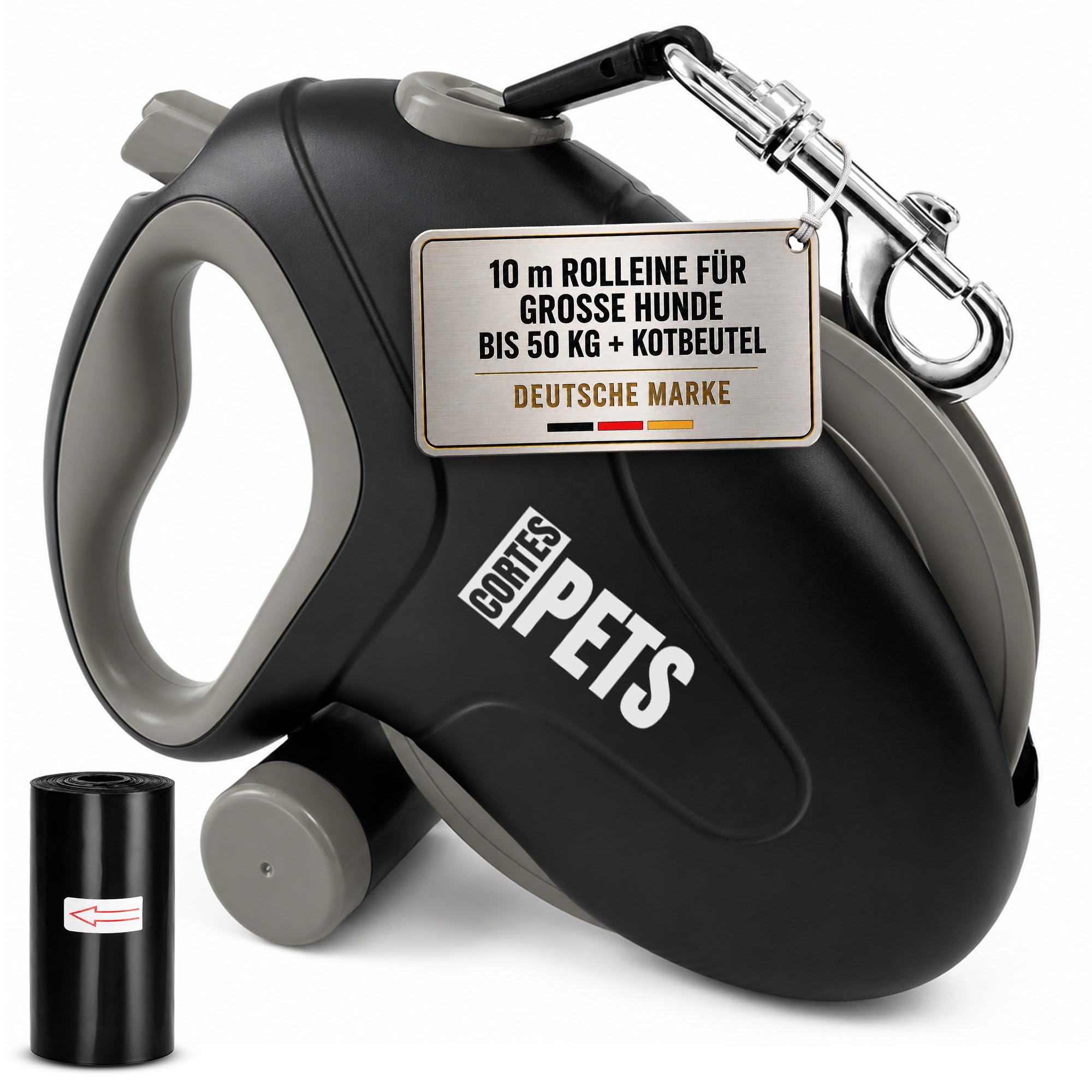 CORTES PETS Rollleine 10m für Hunde bis 50kg – Ausziehbare Hundeleine mit Kotbeutelhalter
