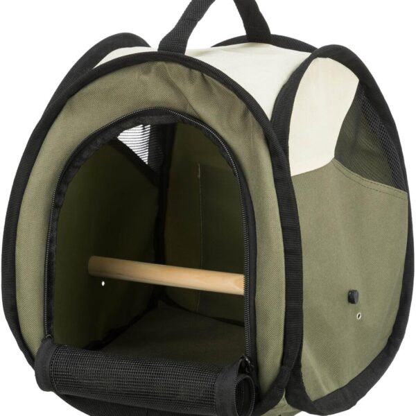 TRIXIE Transporttasche 27×32×27 cm – Beige/Olivgrün mit Holzsitzstange & Seitentasche
