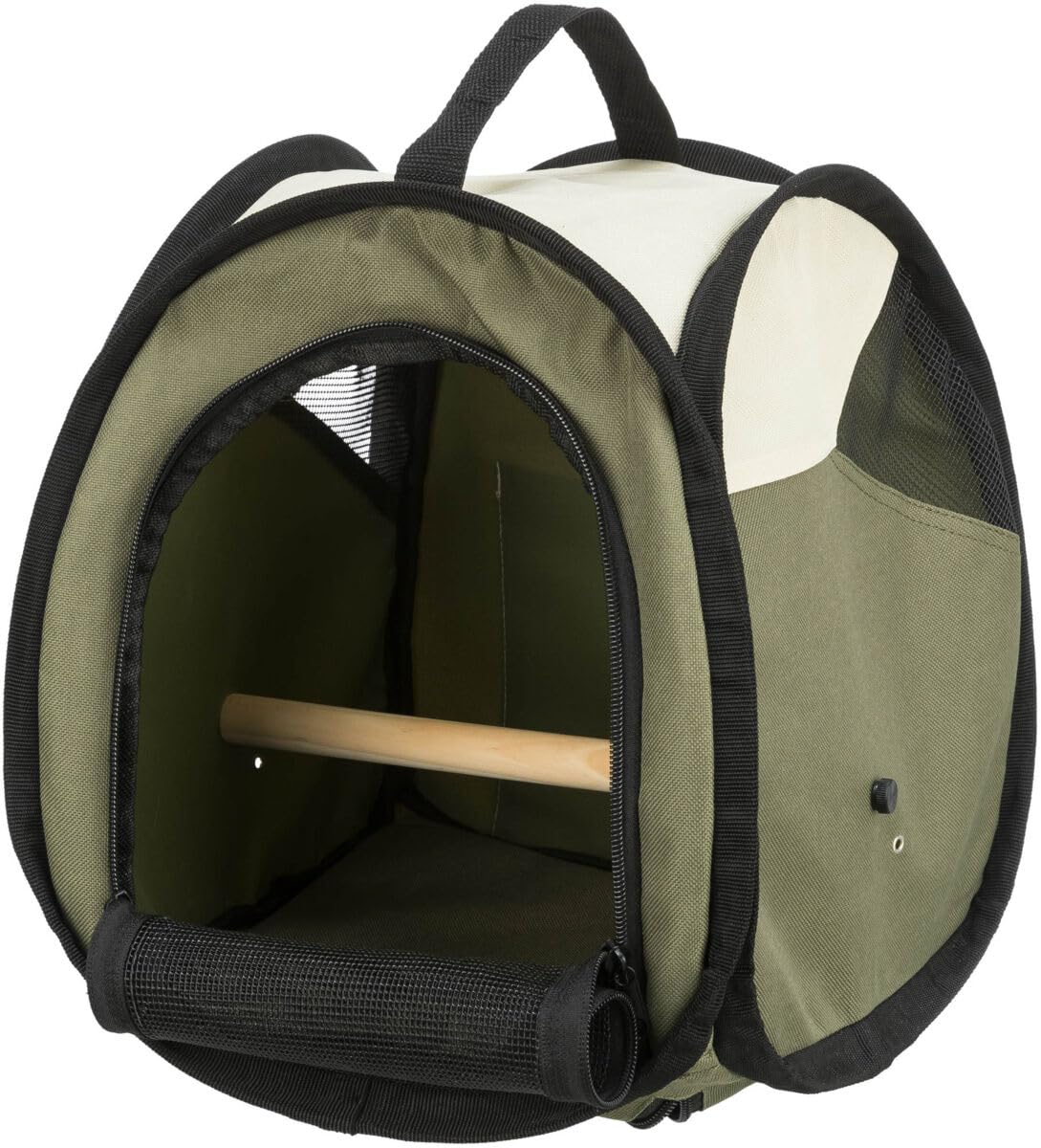 TRIXIE Transporttasche 27×32×27 cm – Beige/Olivgrün mit Holzsitzstange & Seitentasche