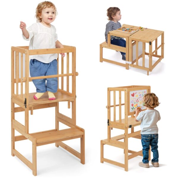 COSYLAND Lernturm 3 in 1 aus Bambus – Klappbar mit Maltafel für Kinder ab 1 Jahr