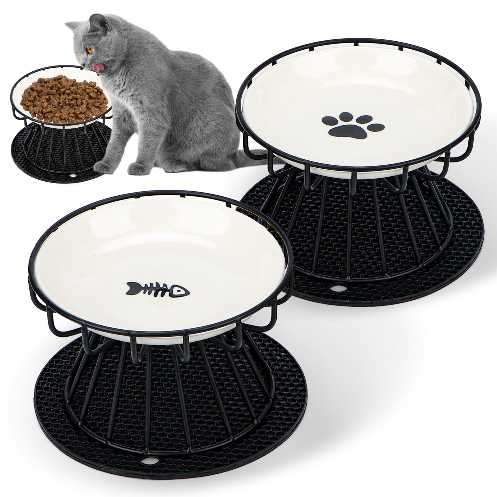Feirdhoo 2er Katzennap-Set Erhöht mit Keramik & Metallständer – Anti-Erbrechen Futternapf