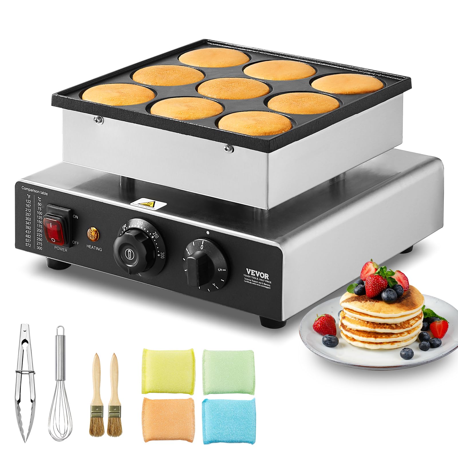VEVOR Poffertjespfanne 850W – Mini-Pancake Maker für 9 Poffertjes mit Temperaturregelung