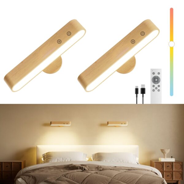 FULNIX Wandleuchte Holz mit 7500mAh Akku – Kabellose LED-Leuchte mit Fernbedienung & 360° Drehung