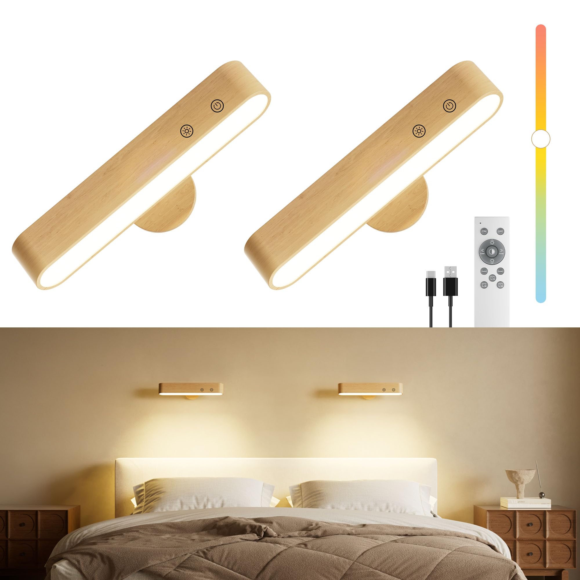 FULNIX Wandleuchte Holz mit 7500mAh Akku – Kabellose LED-Leuchte mit Fernbedienung & 360° Drehung