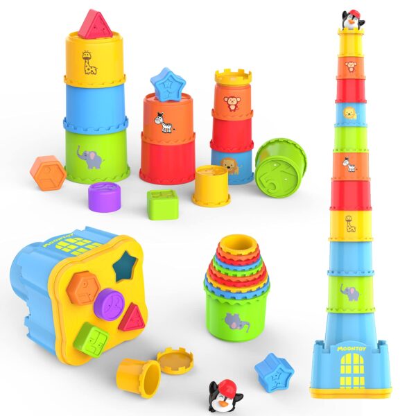 MOONTOY Stapelbecher ab 1 Jahr mit 19 Teilen – Montessori Lernspielzeug für Babys
