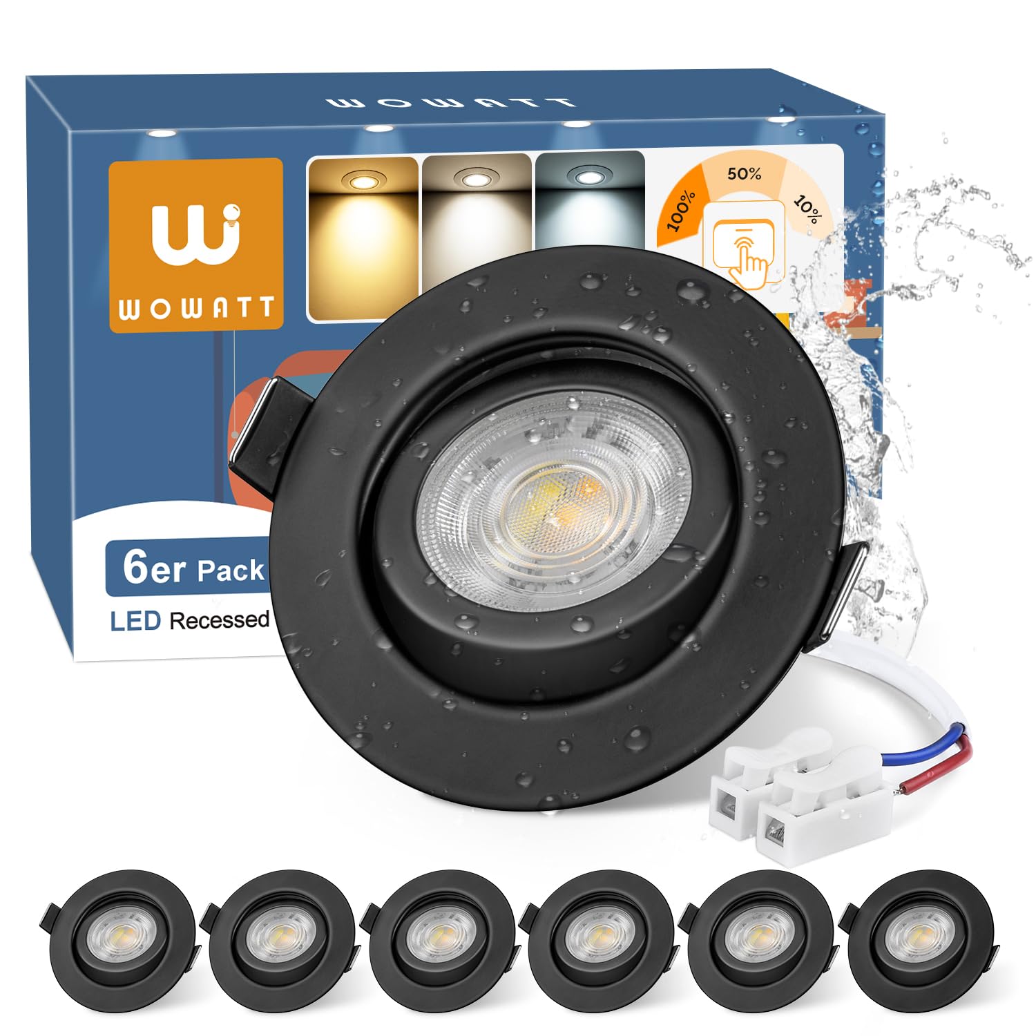 wowatt 6er LED Einbaustrahler 230V Schwarz – 3 Farbtemperaturen & 3-Stufen Dimmbar