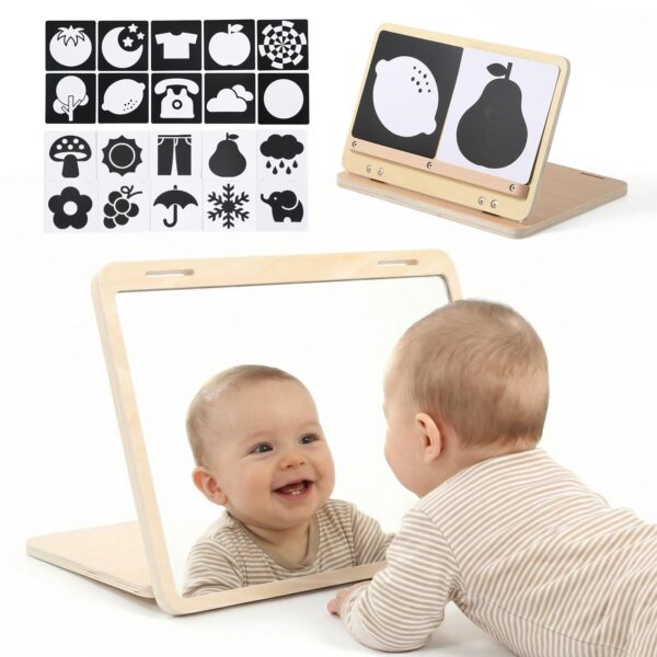 WOODEN TEETHER Baby Spiegel Montessori – Doppelseitiges Spielzeug für Neugeborene 0-12 Monate