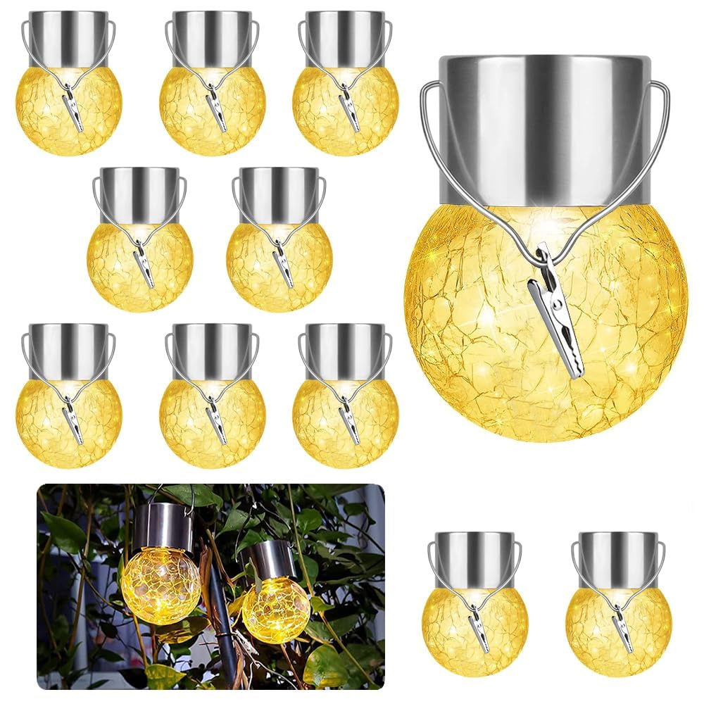 10er Set Solar-Hängeleuchten mit Rissglasdesign – Warmweiss Gartenlampen für Aussen