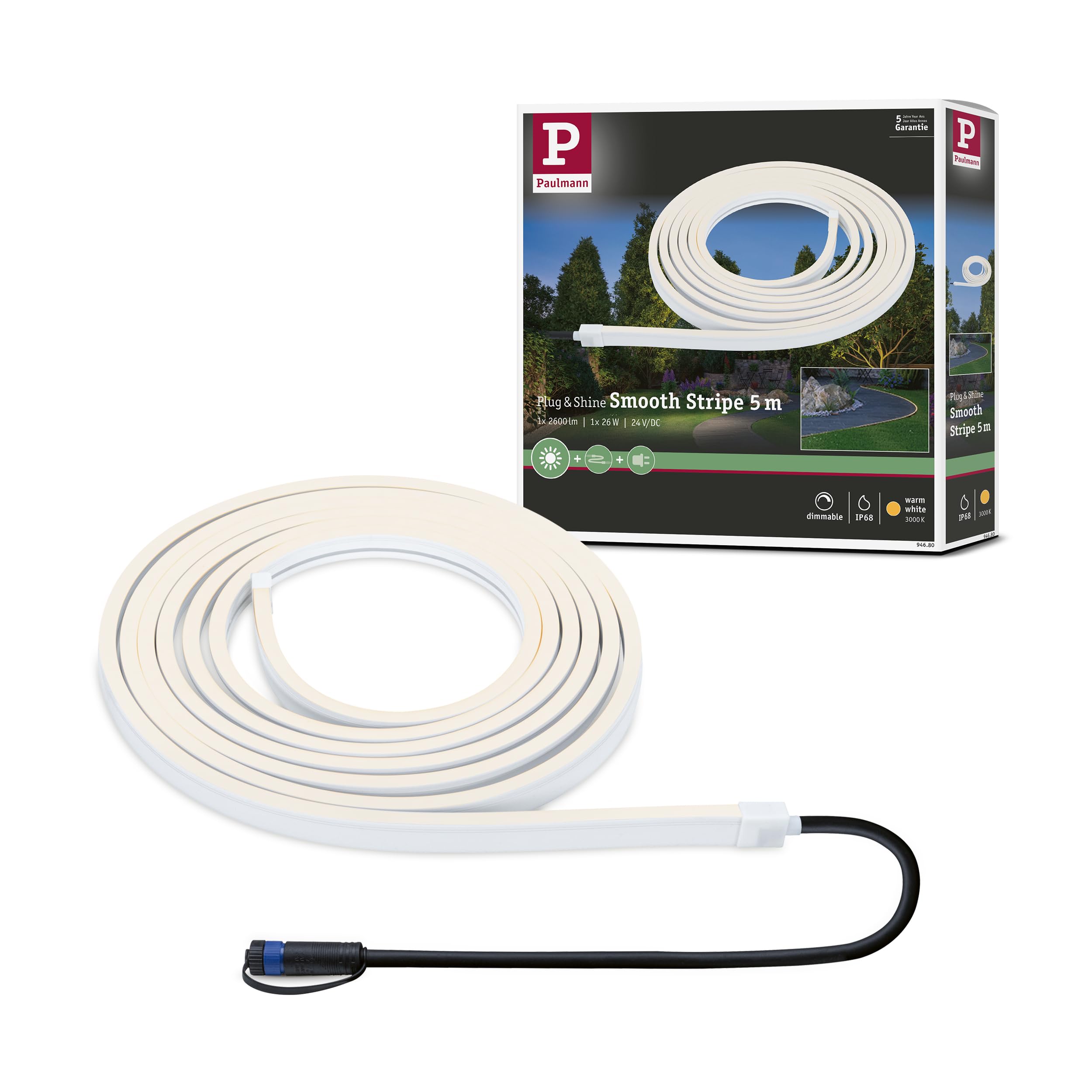 Paulmann Plug & Shine LED Stripe Smooth 5m IP68 – dimmbare Aussenlleuchte warmweiss