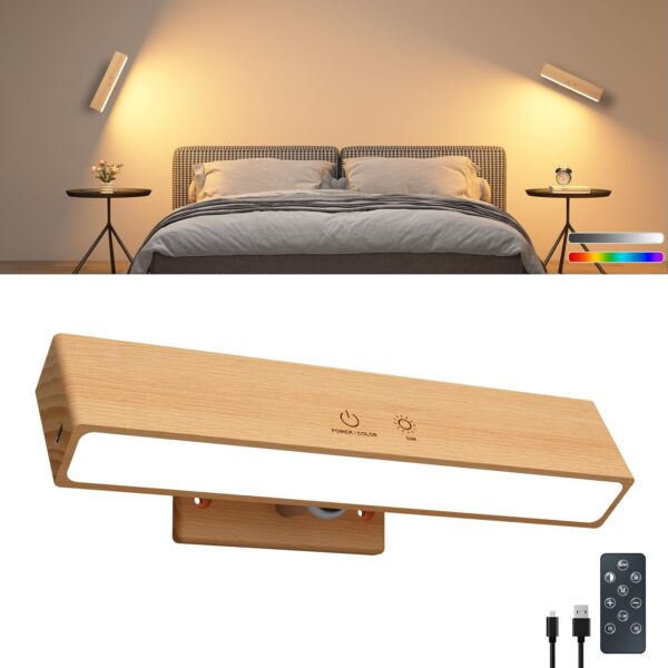 DetarZinLED 22 cm Akku-Wandleuchte aus Massivholz – Dimmbar, RGB & Fernbedienung
