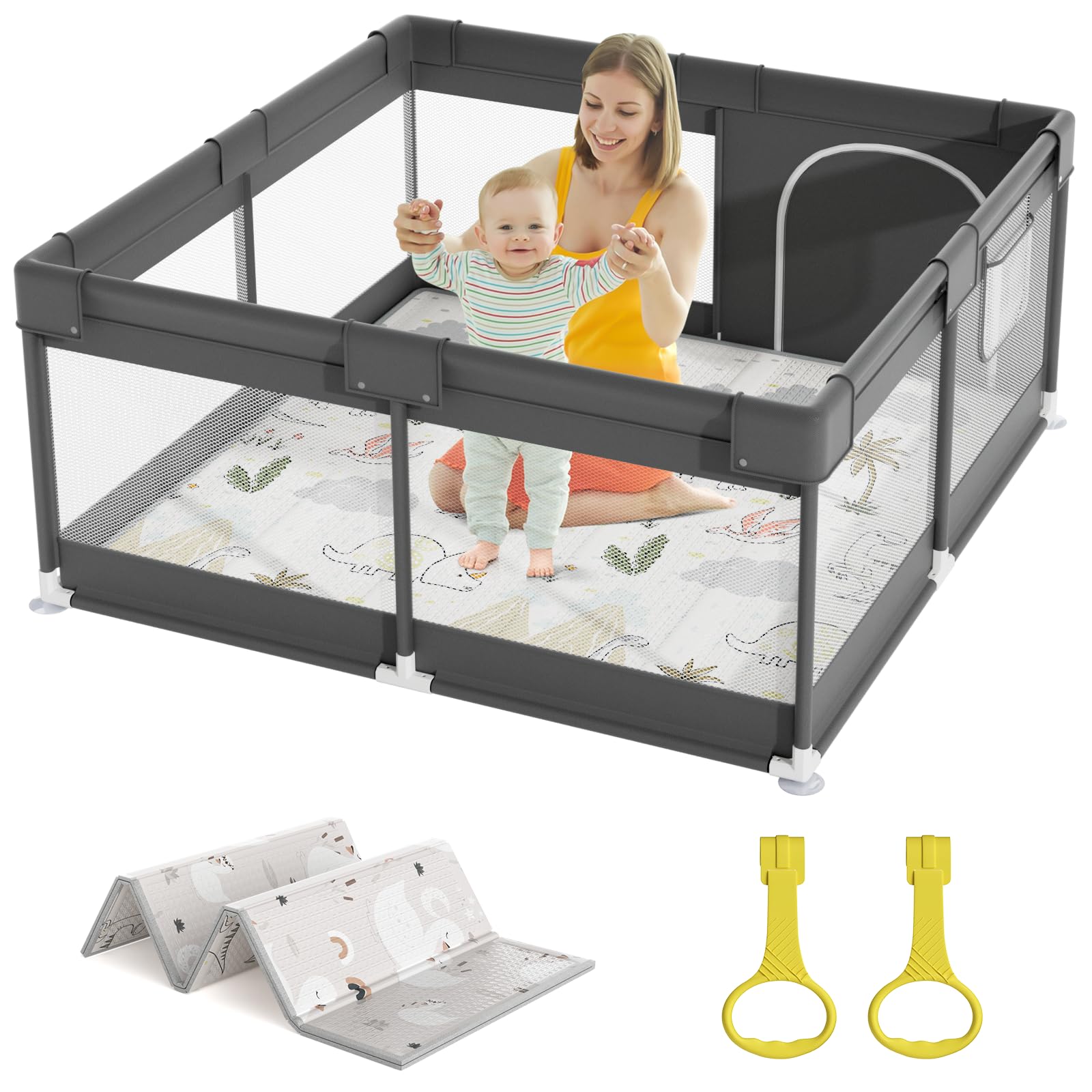 mloong Laufstall Baby 120x120x65cm mit Spielmatte – Sicheres Laufgitter für kleine Wohnungen
