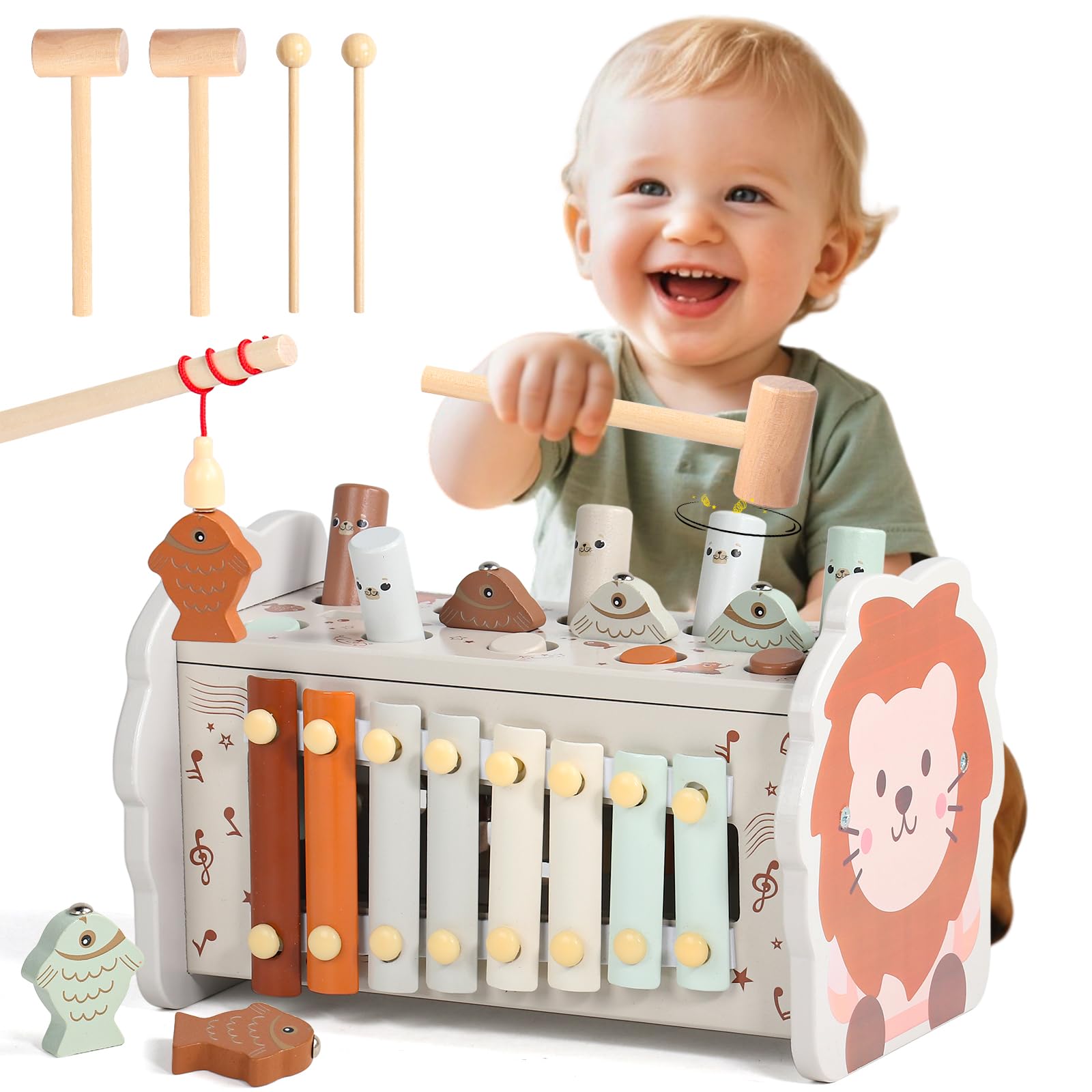 jerryvon 4-in-1 Holzspielzeug ab 1 Jahr – Montessori Motorikspielzeug mit Hammerspiel & Xylophon