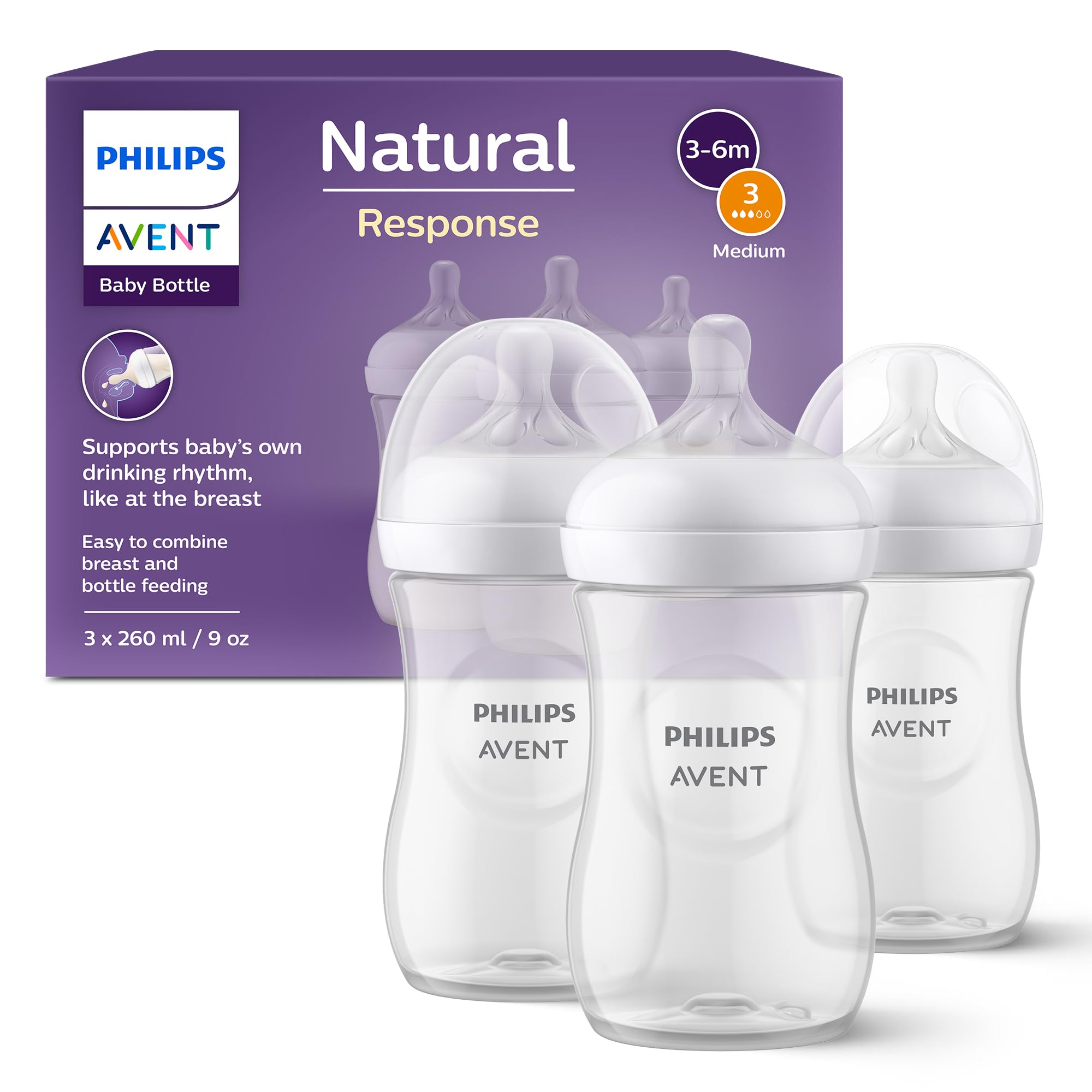 Philips Avent Natural Response Babyflasche 260 ml – 3er-Pack mit Saugern Durchflussrate 3