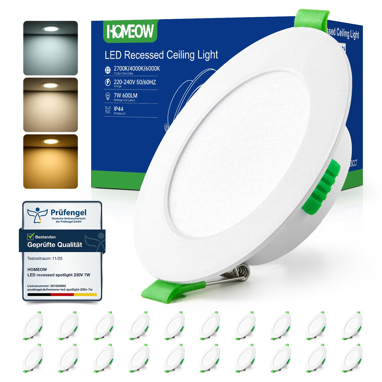 HOMEOW 20er Set LED Einbaustrahler 230V 7W – Dimmbar in 3 Farbtemperaturen für Badezimmer