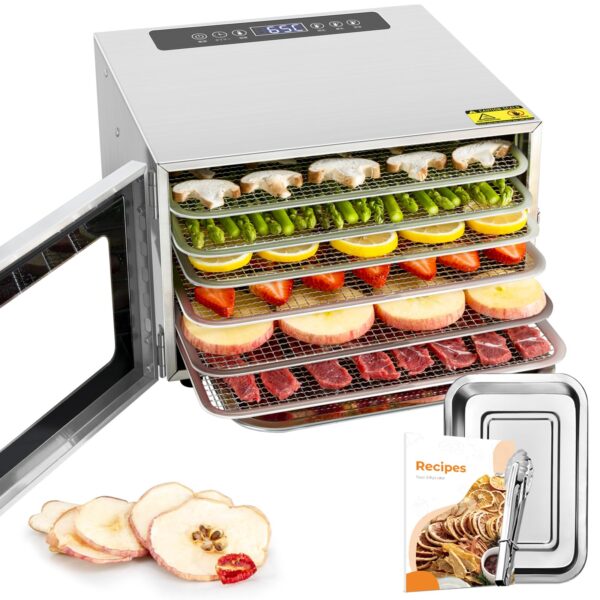 Kwasyo Dörrautomat Edelstahl 6 Etagen – Temperaturregler 30-90°C mit Timer & Rezeptheft
