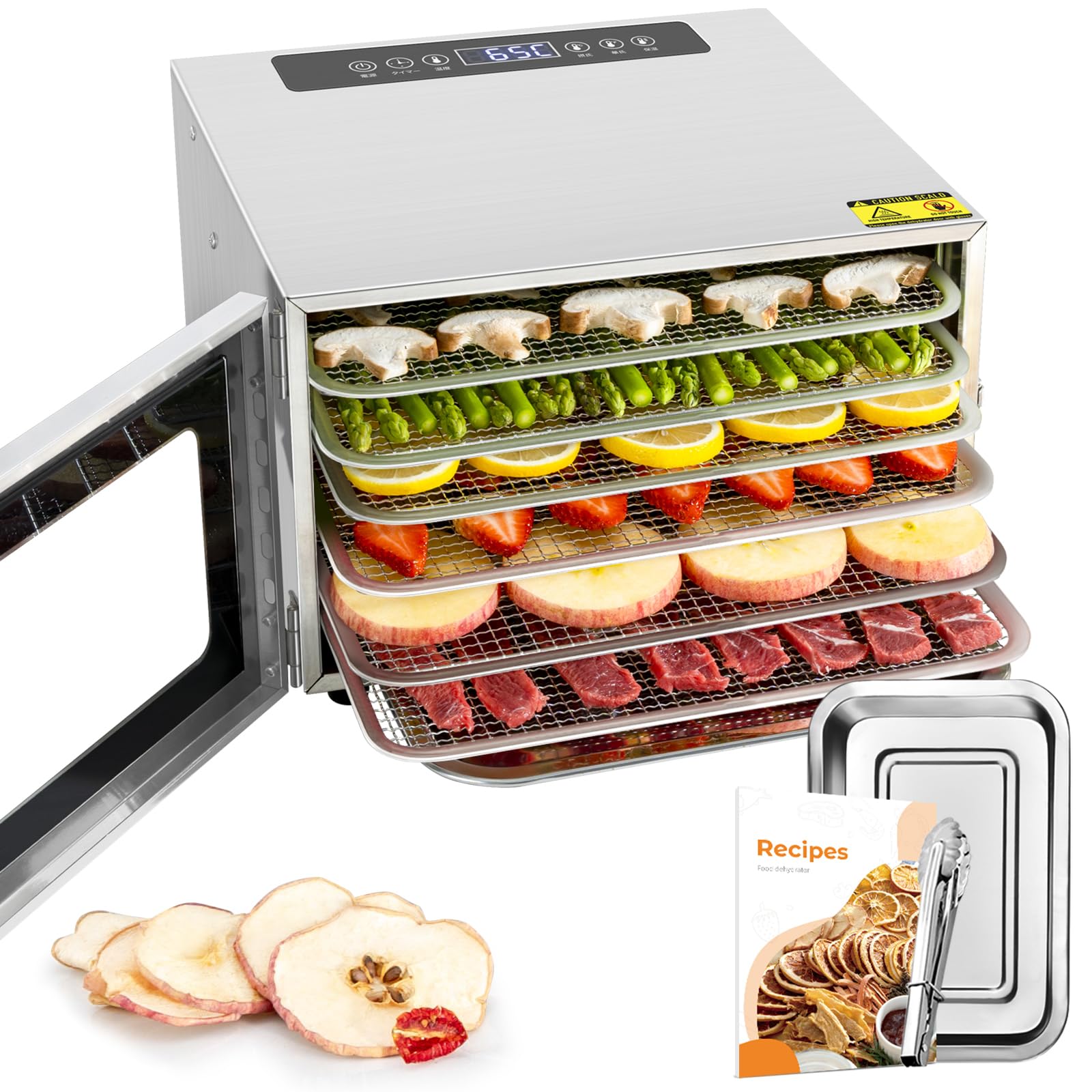 Kwasyo Dörrautomat Edelstahl 6 Etagen – Temperaturregler 30-90°C mit Timer & Rezeptheft