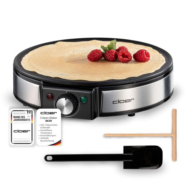 Cloer 6630 Crêpes-Maker 30 cm – Antihaftplatte mit Temperaturkontrolle & Zubehör