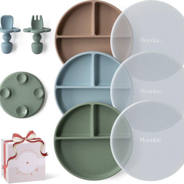 Moonkie 3er Silikon-Kinderteller-Set mit Saugnapf & Besteck – BPA-frei & spülmaschinenfest