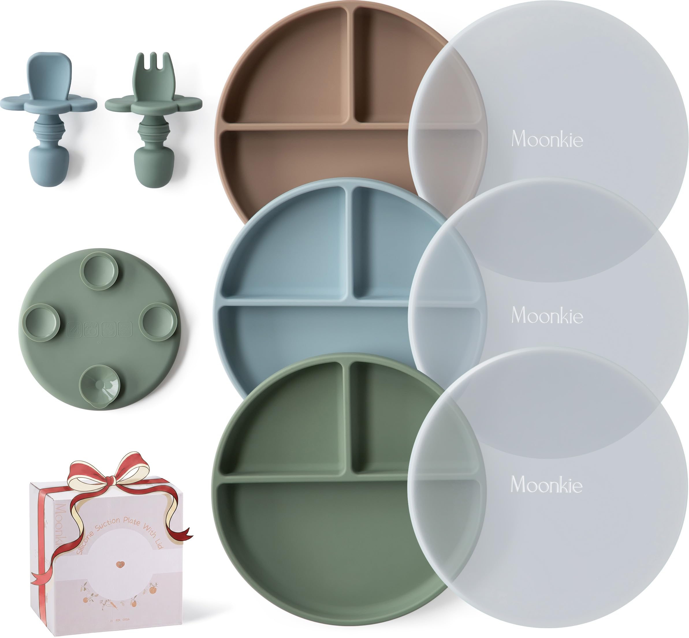 Moonkie 3er Silikon-Kinderteller-Set mit Saugnapf & Besteck – BPA-frei & spülmaschinenfest
