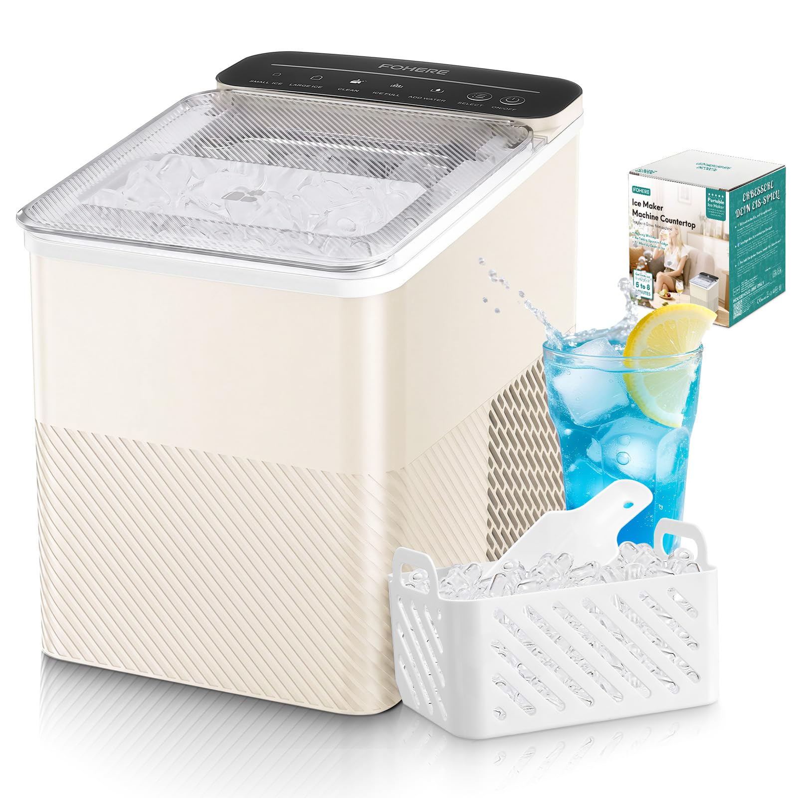 FOHERE Eiswürfelmaschine Klein – 14 kg/24h, 9 Würfel in 5 Min, Selbstreinigung