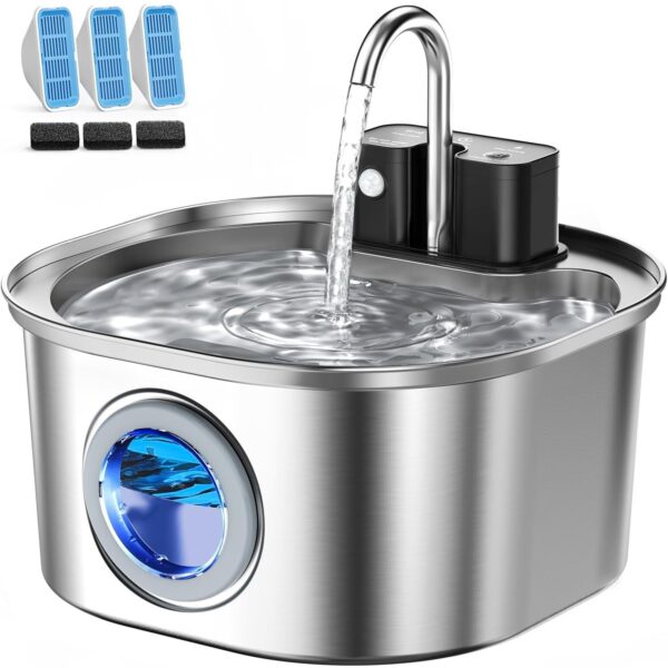 Voluas Katzenbrunnen Edelstahl 3,2 l – Kabelloser Wasserbrunnen mit 4-Stufen-Filter & 3 Modi