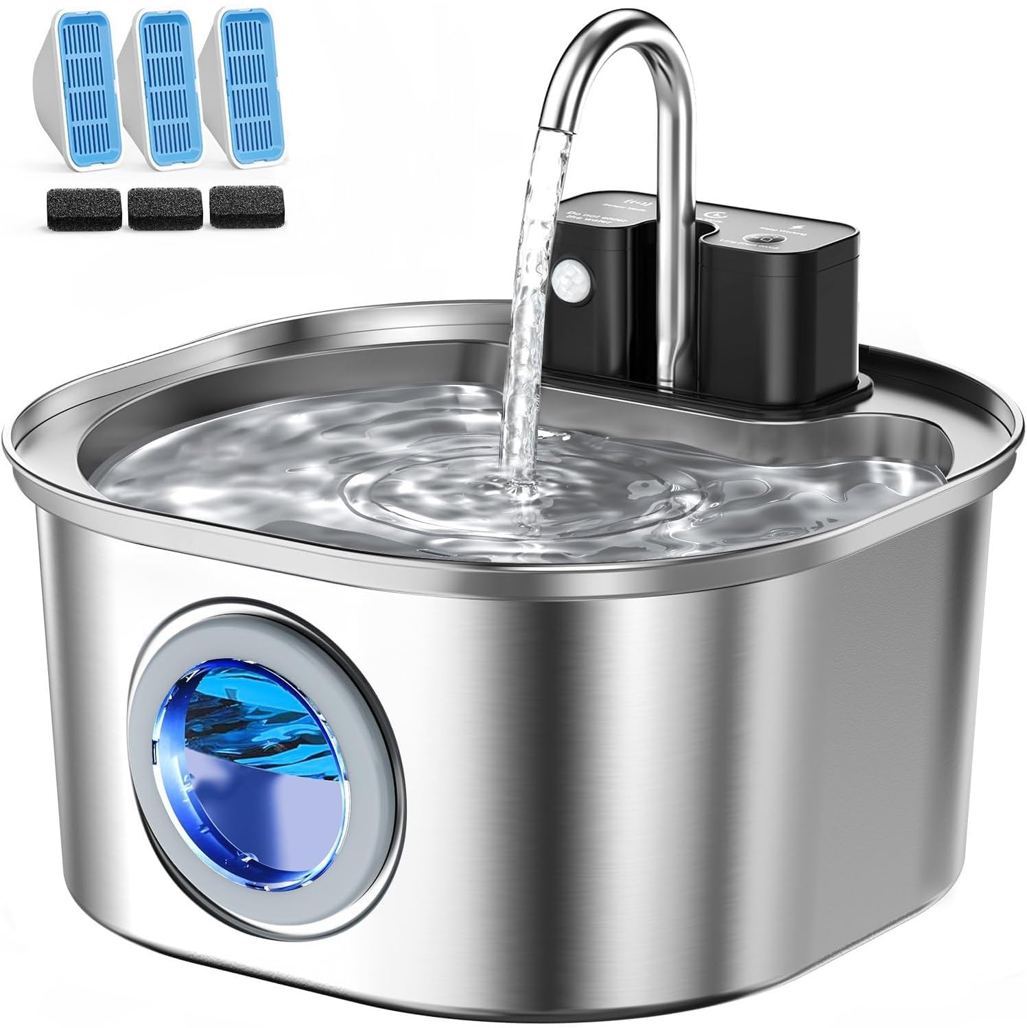 Voluas Katzenbrunnen Edelstahl 3,2 l – Kabelloser Wasserbrunnen mit 4-Stufen-Filter & 3 Modi
