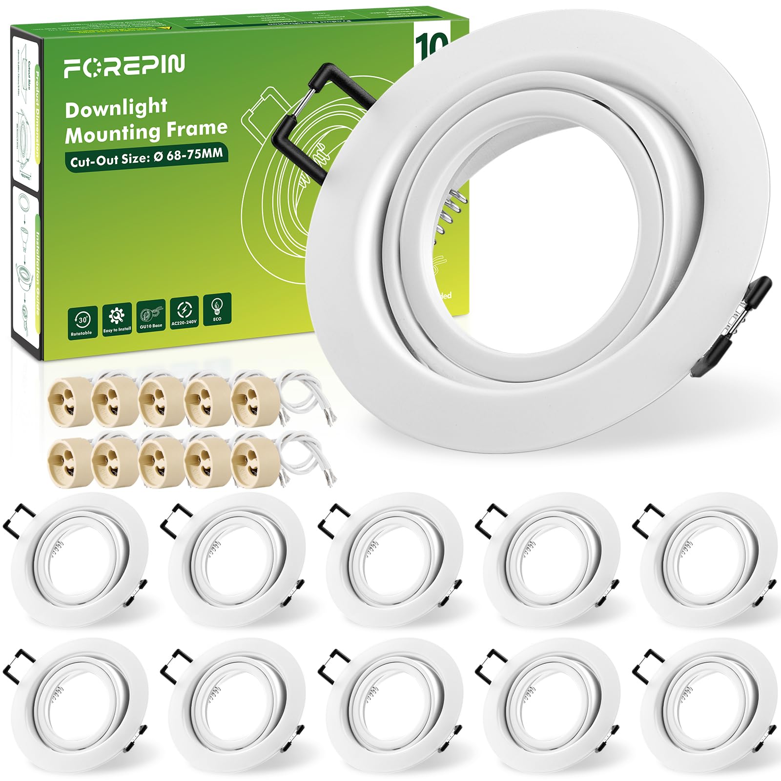 Forepin 10er Set LED Einbaustrahler Ø68mm GU10 – 30° schwenkbar, rostfreies Metall