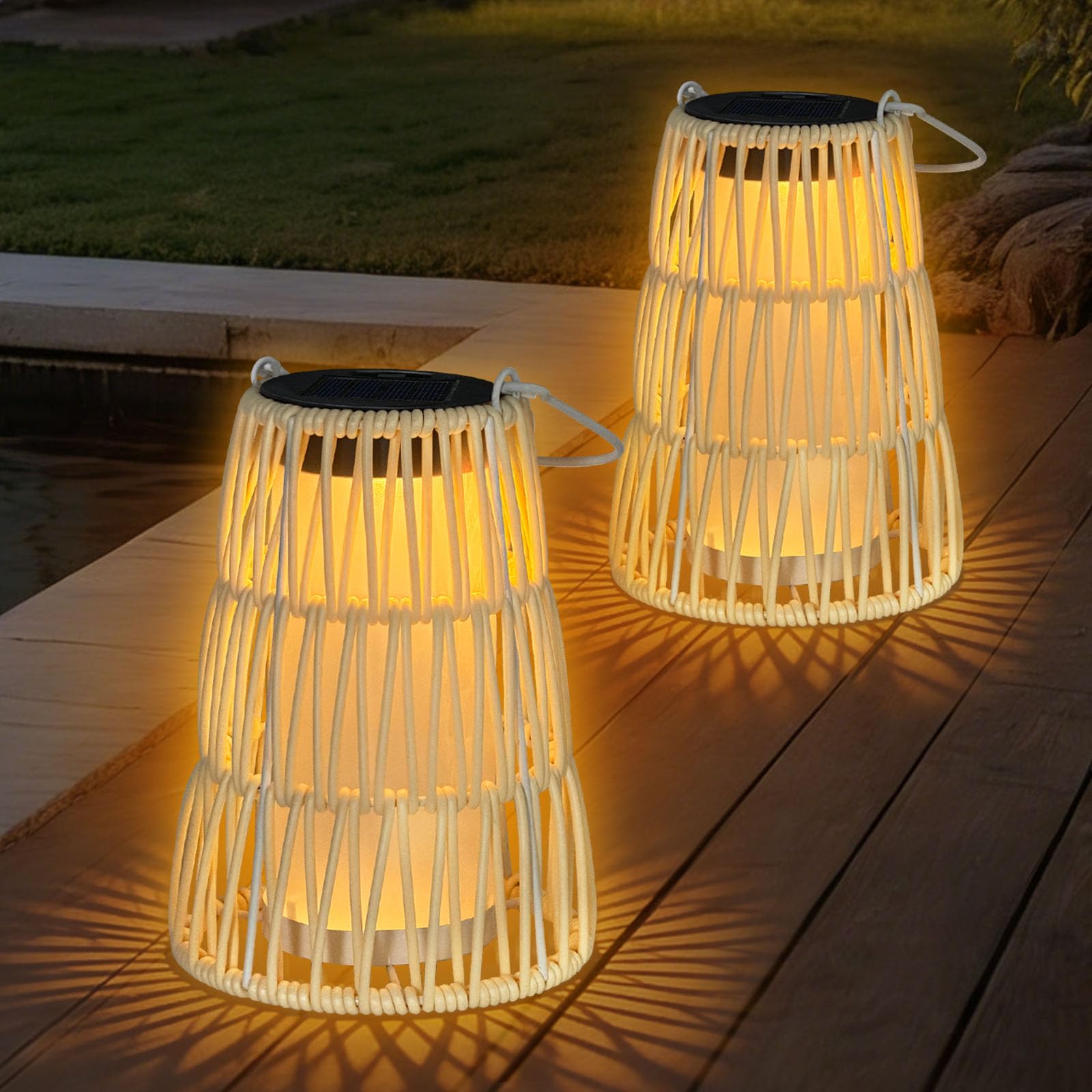 2er Set Solar-Gartenleuchten mit Rattan – IP65 Aussenleuchten für Balkon & Terrasse