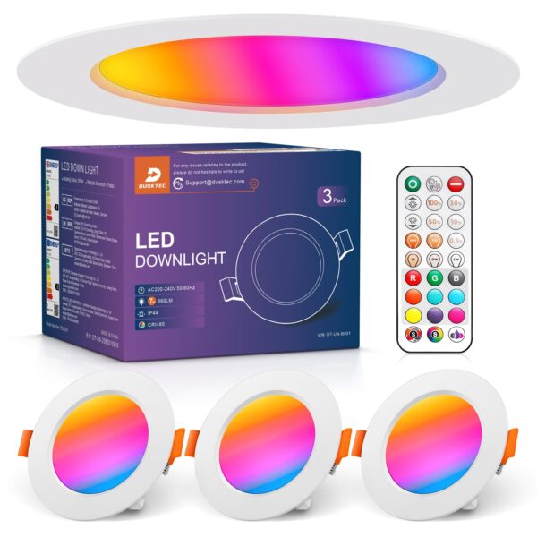 DUSKTEC LED Einbaustrahler RGB 3er Set – 660 lm Deckenspots mit Fernbedienung & Farbwechsel