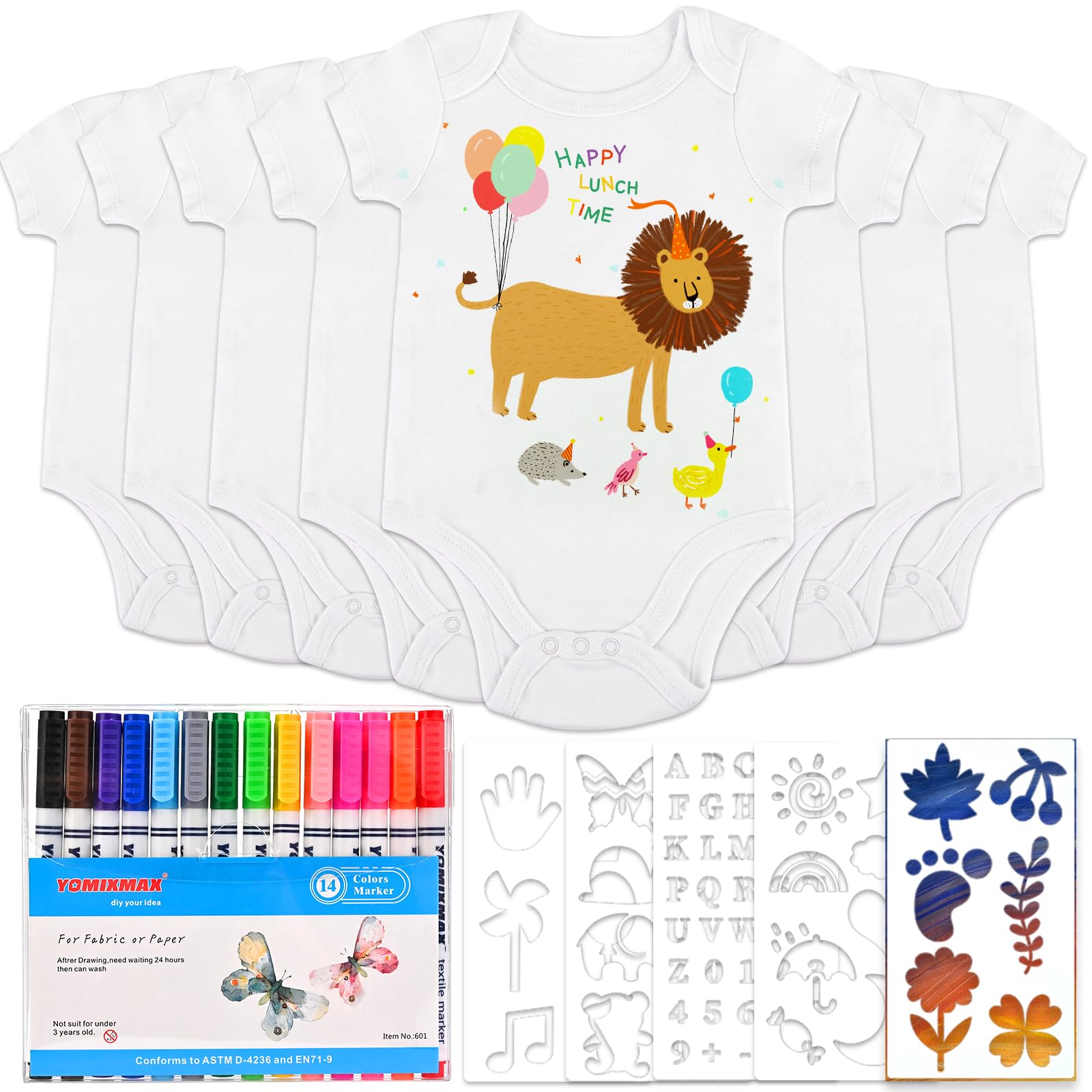 Tigvio Baby-Bodies zum Bemalen – 8er-Set mit Textilstiften & Schablonen für Babyparty
