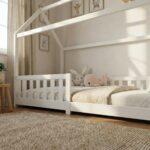 ecomi® Kinderbett 90x200 Hausbett – Bodenbett mit Rausfallschutz & Lattenrost Kiefer Weiß – Bild 5